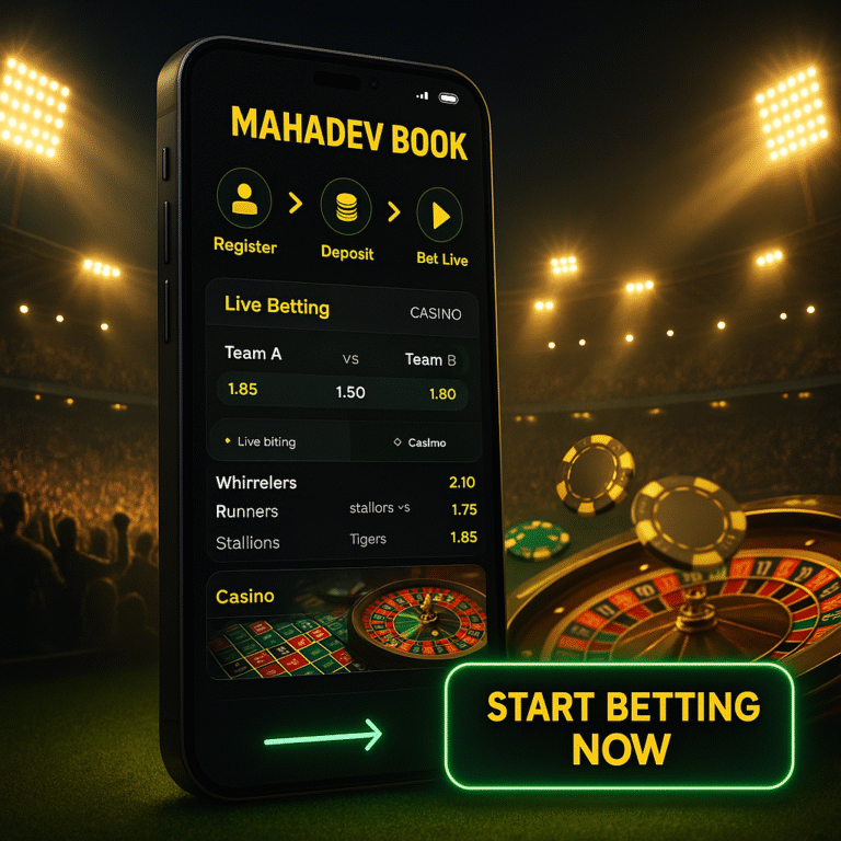 Mahadev Book betting app hero image showing smartphone screen with live odds, casino roulette and Online Cricket ID