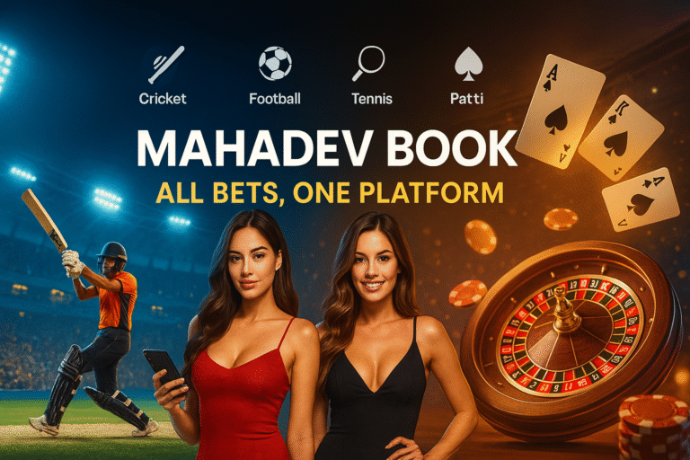 "Mahadev Book hero banner with hot girls holding smartphones, cricket stadium action, and casino roulette – all bets, one platform."