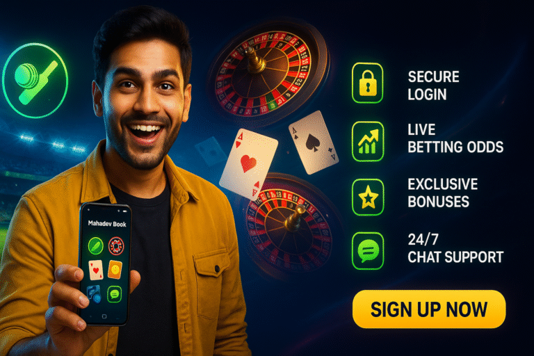 Mahadev Book app hero banner showing a happy Indian user with cricket, casino, and card games, highlighting secure login, live odds, bonuses, and 24/7 support